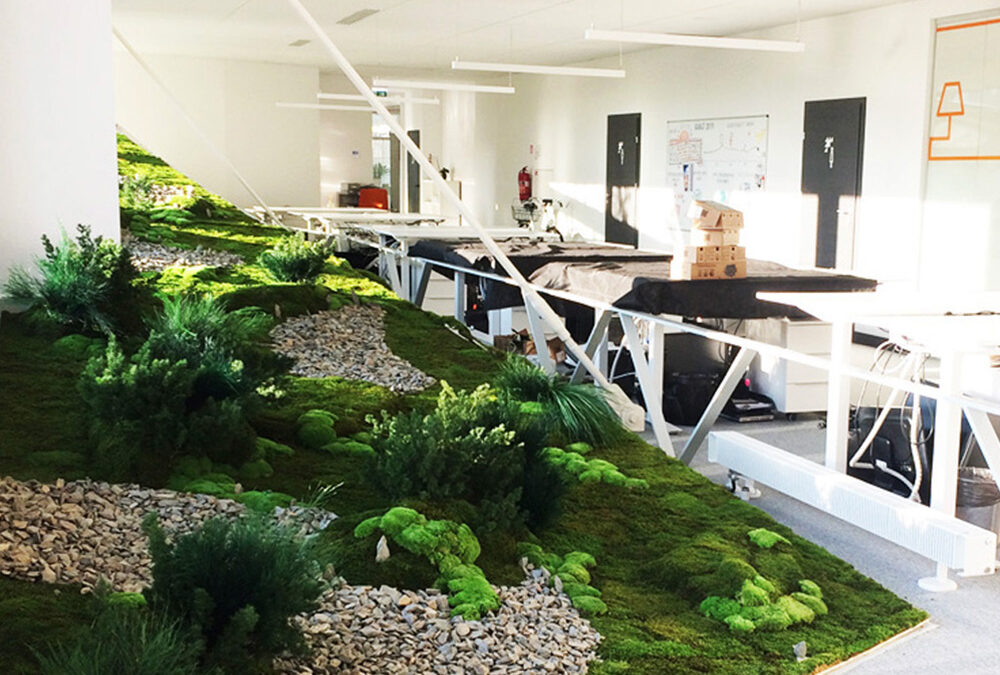 Interior landscaping installation integrated into dynamic space of open office